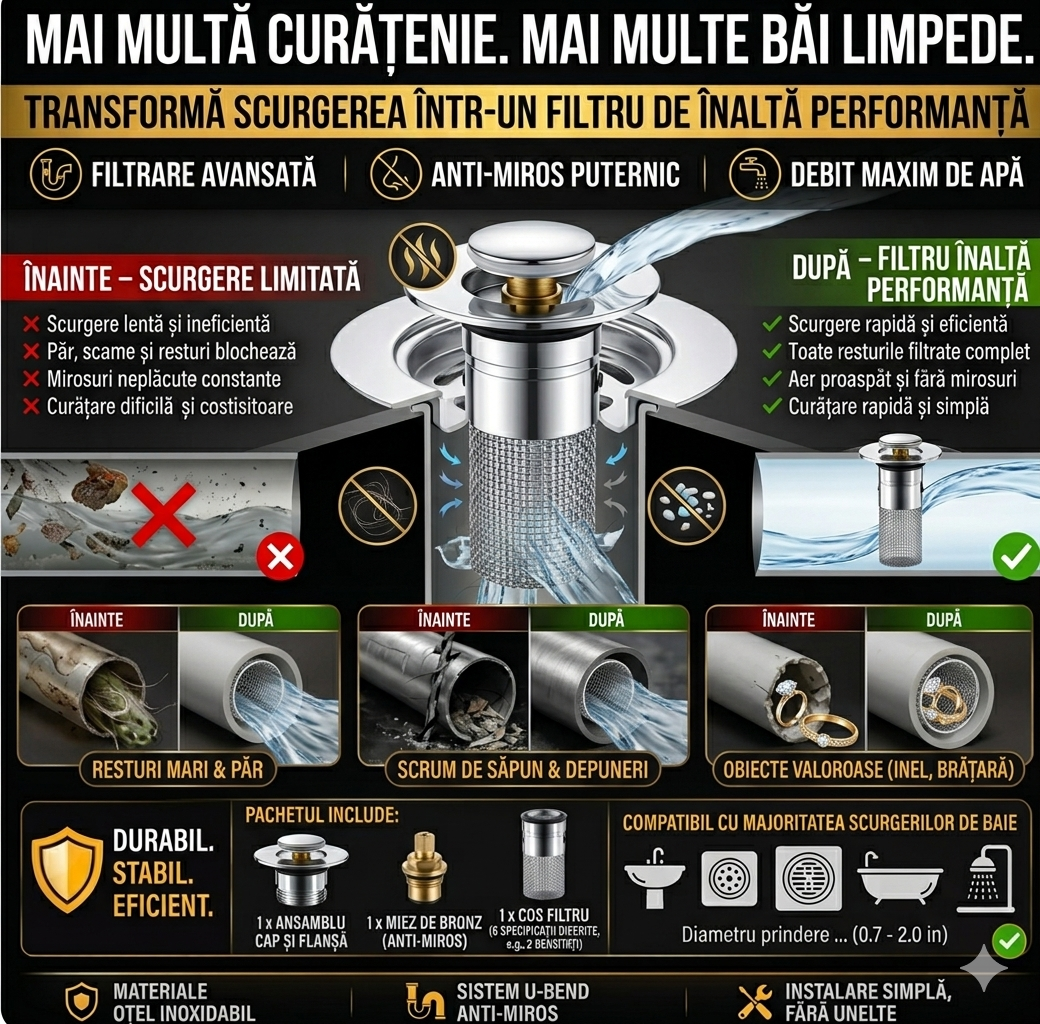 Scurgo™ – Filtru Anti‑Miros și Anti‑Înfundare